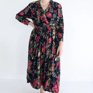 Vintage 90'S Together!  Black & Red Floral Maxi Long Sleeve Dress Size 10P